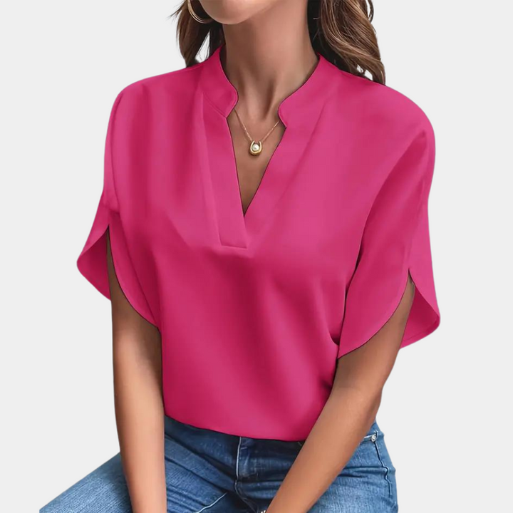 Roze effen dames blouse met v-hals en korte mouw