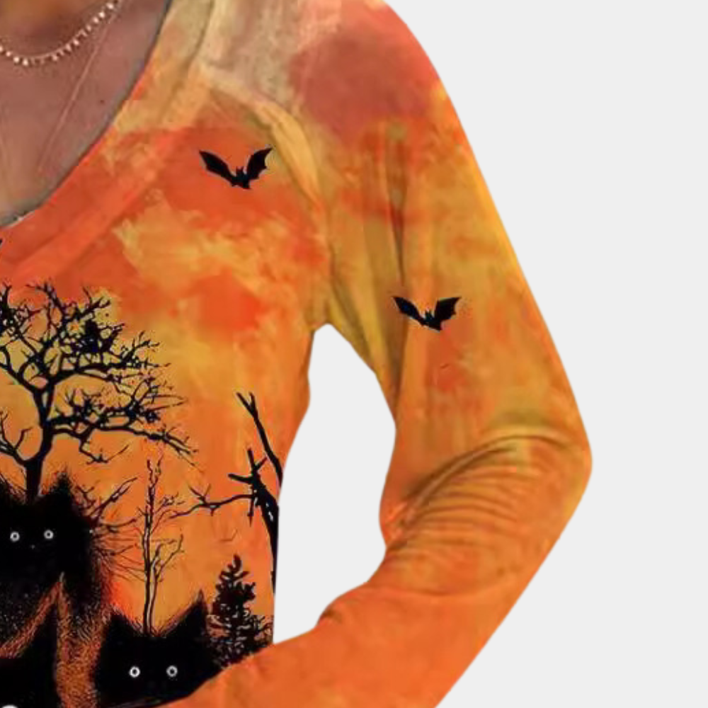 Rella - T-shirt met Halloween kattenprint voor dames